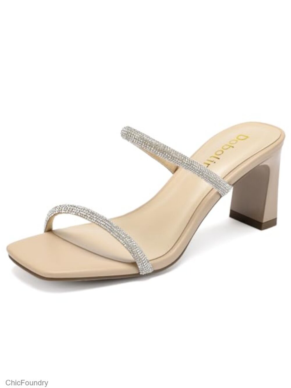 Rhinestone Block Heel Sandals Square Toe Two Strap Mules Slip On